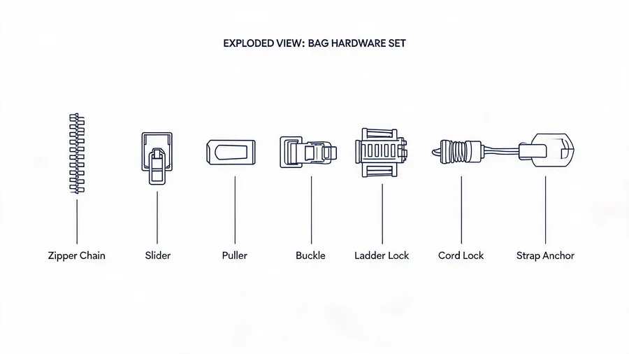 Assorted bag hardware including zippers, buckles, and clips