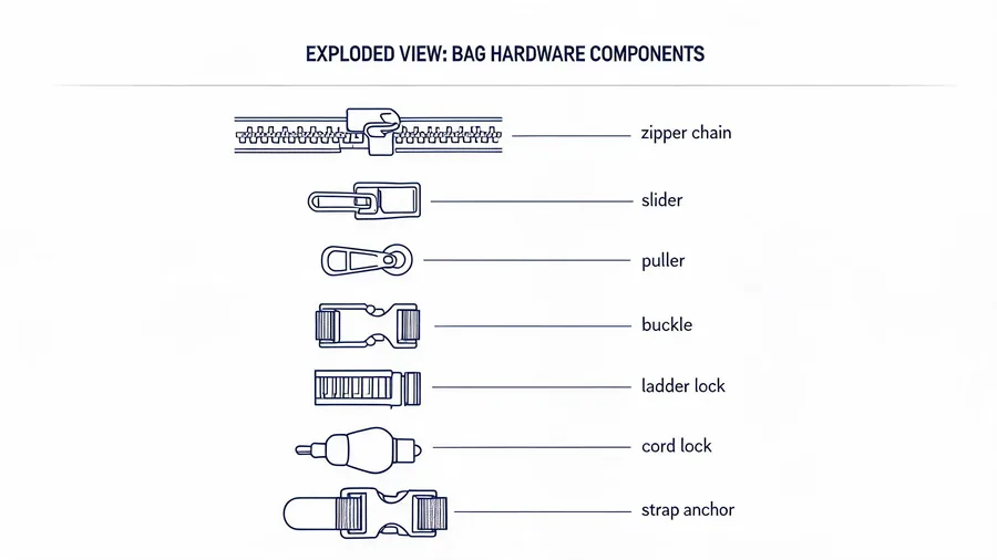 Labeled diagram of bag hardware components including zipper, slider, buckle, and cord lock