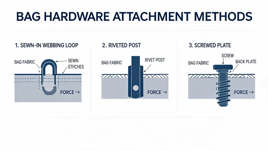 Cross-section diagram comparing sewn, riveted, and screwed hardware attachment methods