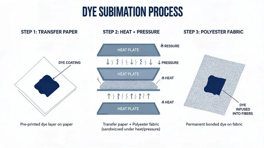 Dye sublimation process diagram on polyester bag