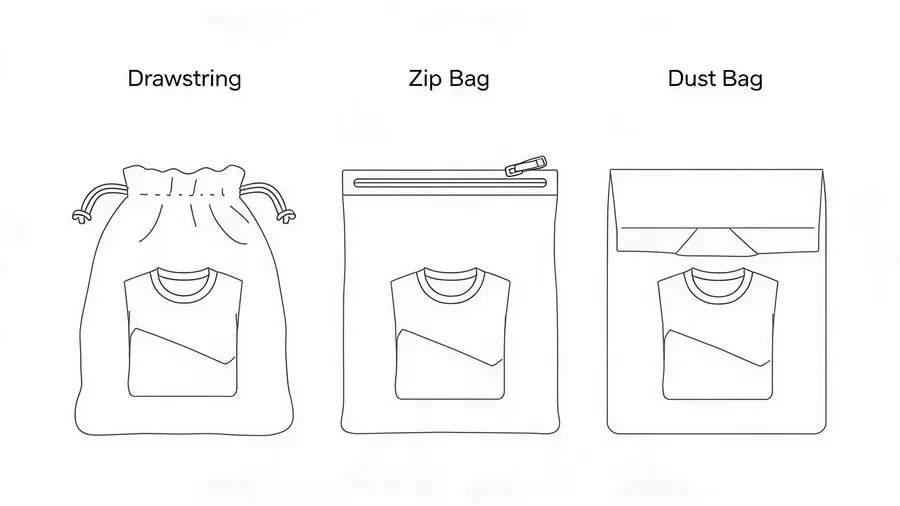 Diagram comparing drawstring pouch, zip bag and dust bag formats for custom clothing packaging bags