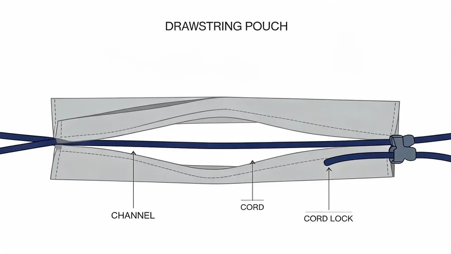 Diagram of drawstring pouch channel and cord closure construction