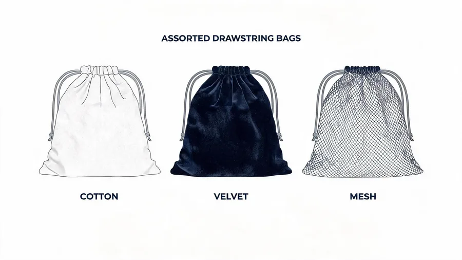 Assorted drawstring bags in cotton, velvet and mesh fabrics