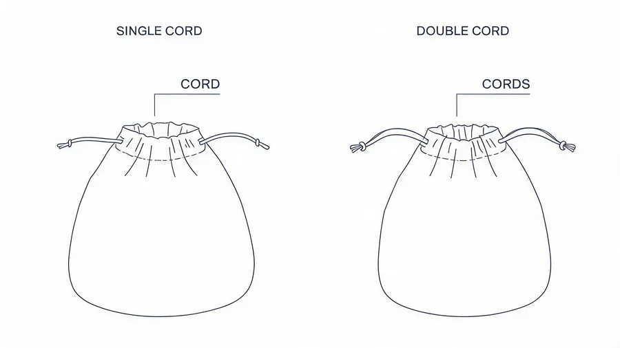 Diagram comparing single and double drawstring cord paths on a bag