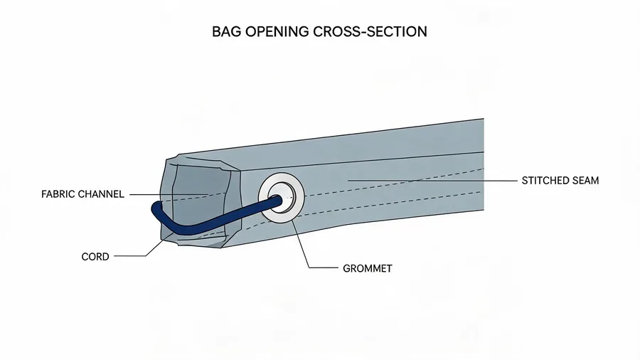 Cross-section diagram of drawstring bag channel, grommet and stitched opening