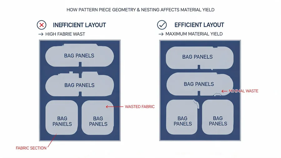 Diagram comparing efficient and inefficient fabric nesting for bag pattern pieces