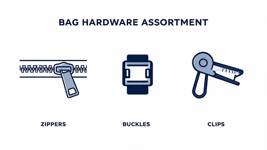 Assortment of bag hardware including zippers, buckles, and clips