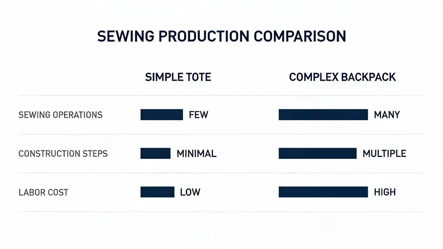 Diagram comparing construction steps and labor cost for simple versus complex bags