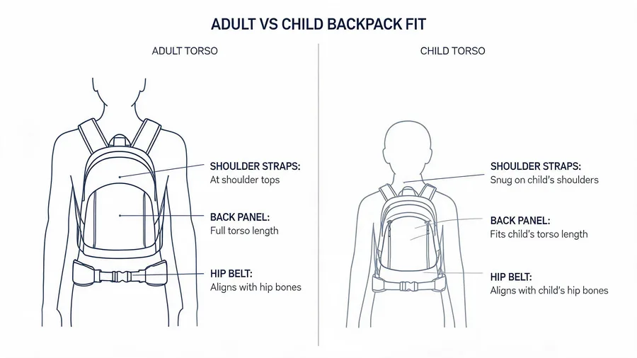 Diagram comparing adult and childrens bags fit on different torso sizes