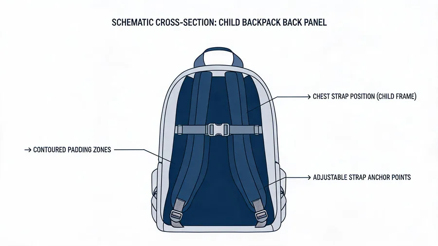 Diagram of strap and back panel design for childrens bags