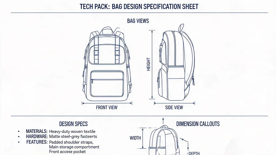 Bag design tech pack with specifications and material swatches
