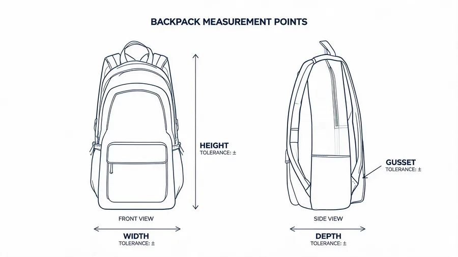 Backpack dimension diagram with measurement points and tolerances