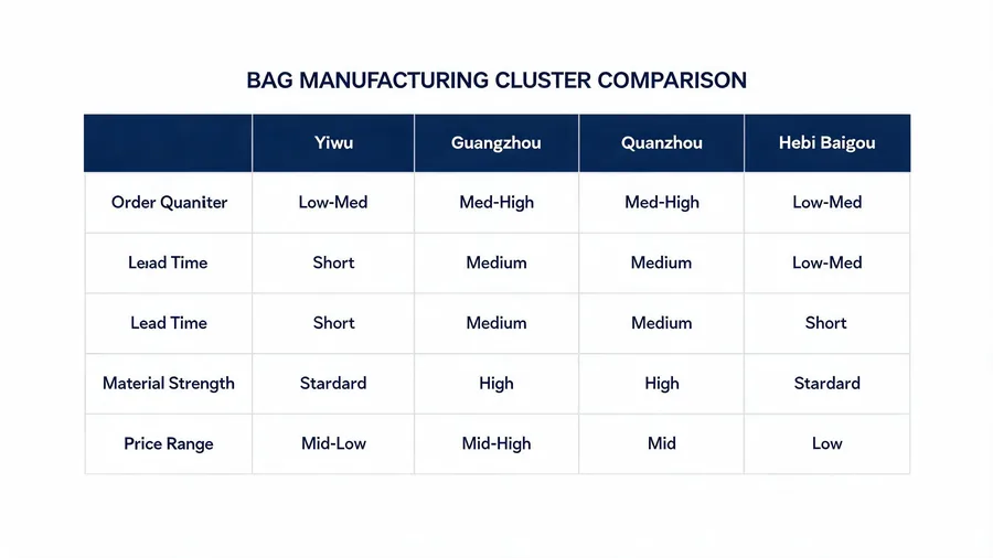 Comparison chart of bag manufacturing regions in China by order size and specialization