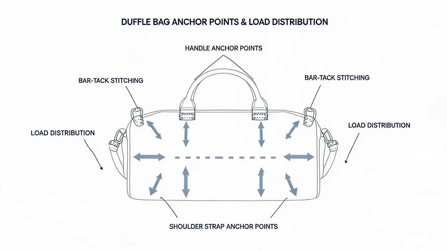 Diagram of duffle bag handle and strap anchoring points with bar-tack stitching