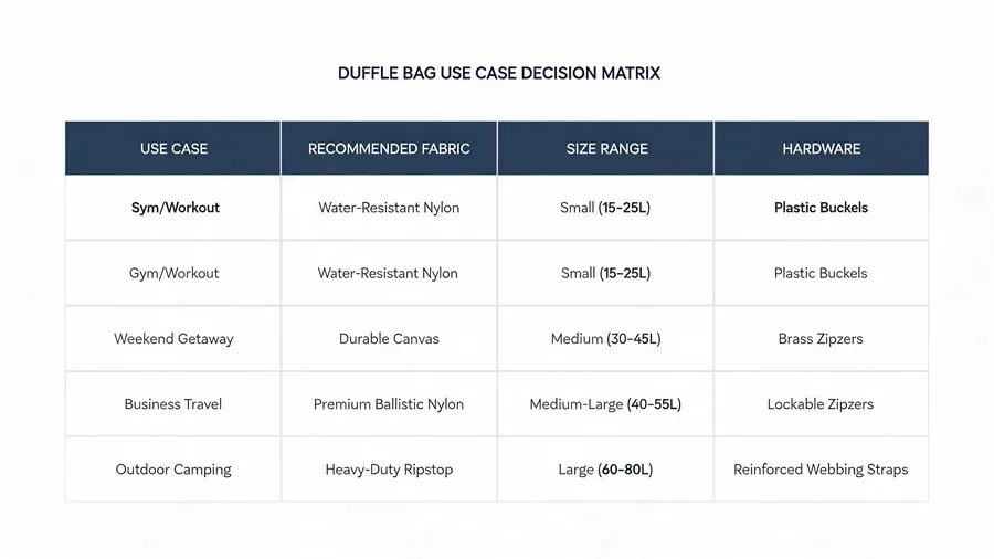 Matrix diagram mapping duffle bag use cases to fabric, size and hardware choices