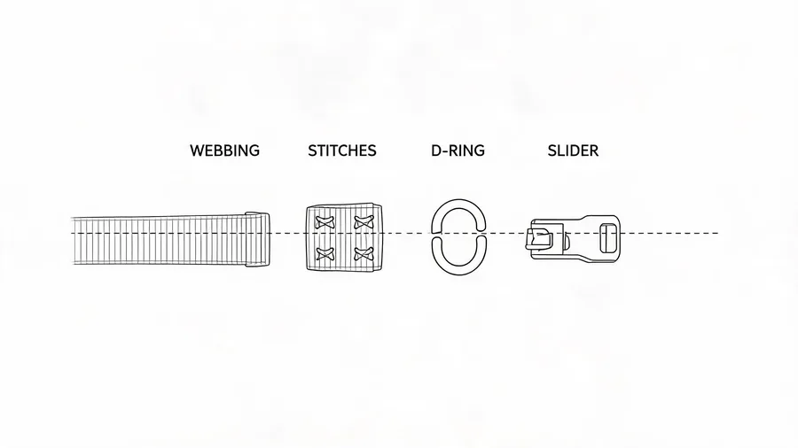Exploded diagram of gym bag wholesale strap, bar-tack and hardware